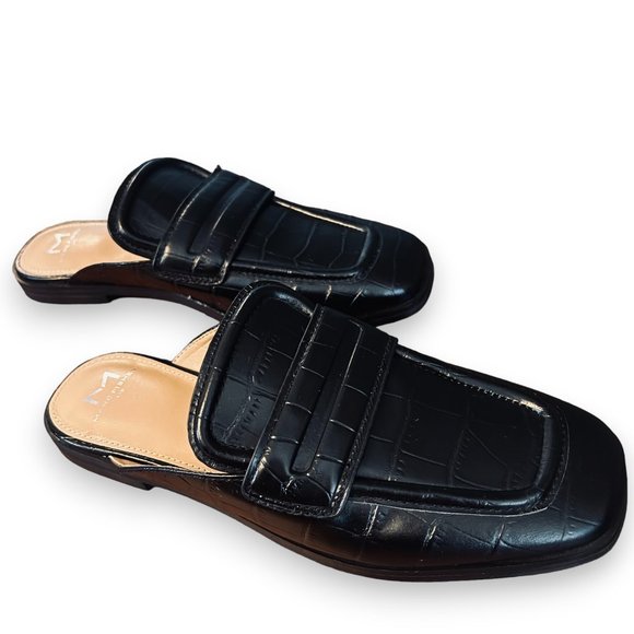Marc Fisher ‘Flyta’ Loafer Mule Slides in Croc Embossed Black Leather - Picture 1 of 9